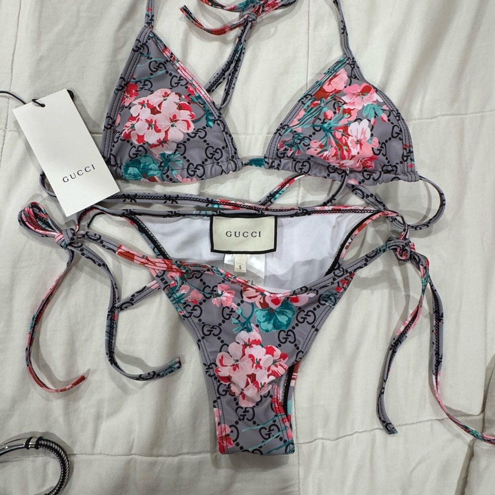 Gucci Gray Bikini with Pink Floral Design fast ship size S